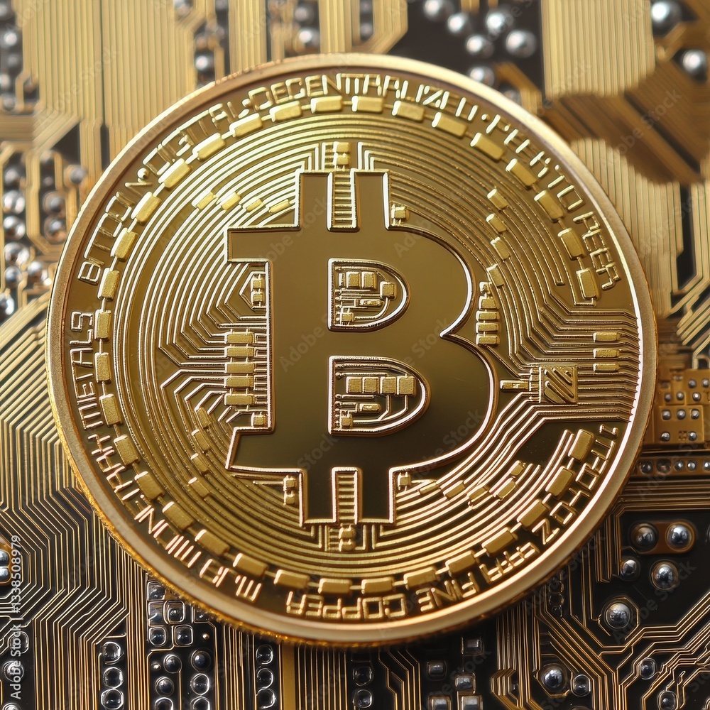 Aufkleber golden bitcoin on circuit board: exploring the digital currency landscape and technology