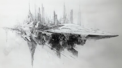 Monochromatic rendering of a futuristic city on a floating structure