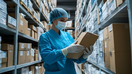 Medical Warehouse Worker Handling Cardboard Box Inventory
