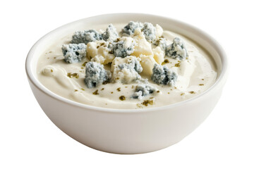 Creamy dip with blue cheese chunks in a white bowl
