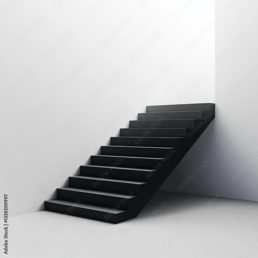 Poster minimalist interior: black staircase ascending to white walls with modern design and simple lines