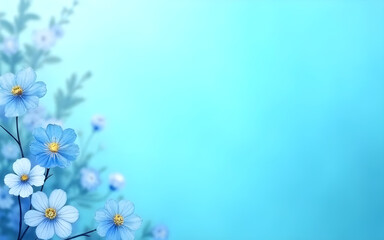 Light blue flowers growing on light blue background with copy space