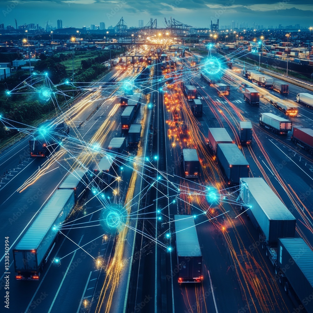 Poster Smart Logistics: Connected Trucks and Data Flowing on Highway at Twilight, Streamlining Supply Chain