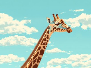 Giraffe Portrait Against Blue Sky with Clouds in Warm Tones