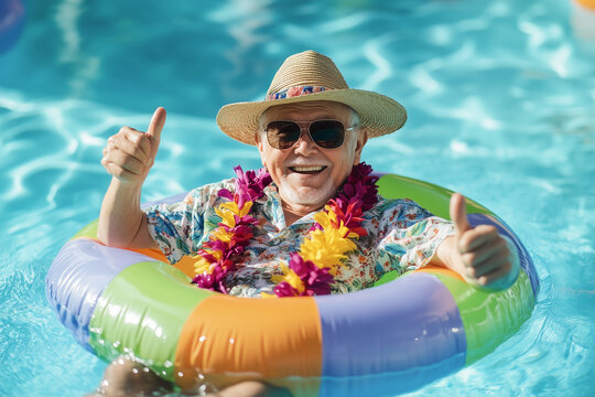 A joyful elderly man floating in a swimming pool on a colorful inflatable ring - Powered by Adobe