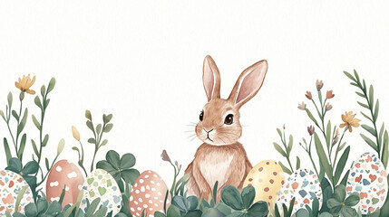 Watercolor Rabbit with Easter Eggs and Spring Flowers in Greenery