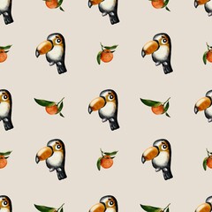 Colorful toucan pattern with oranges and leaves in a seamless design for textiles