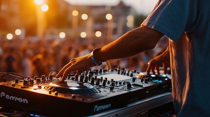 A DJ playing music at an outdoor summer festival.