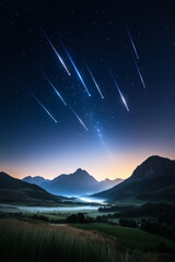 Fototapeta premium Night sky meteor shower over mountains and valley