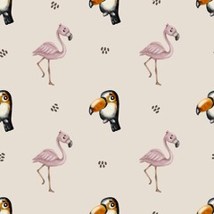 Colorful toucan and flamingo patterns for textile and wrapping design
