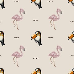 Colorful watercolor pattern featuring toucans and flamingos on a seamless background