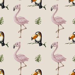 Colorful toucan and flamingo watercolor pattern for textile design and home decor