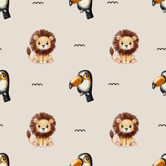 Pattern design featuring toucans and lions on a soft beige background