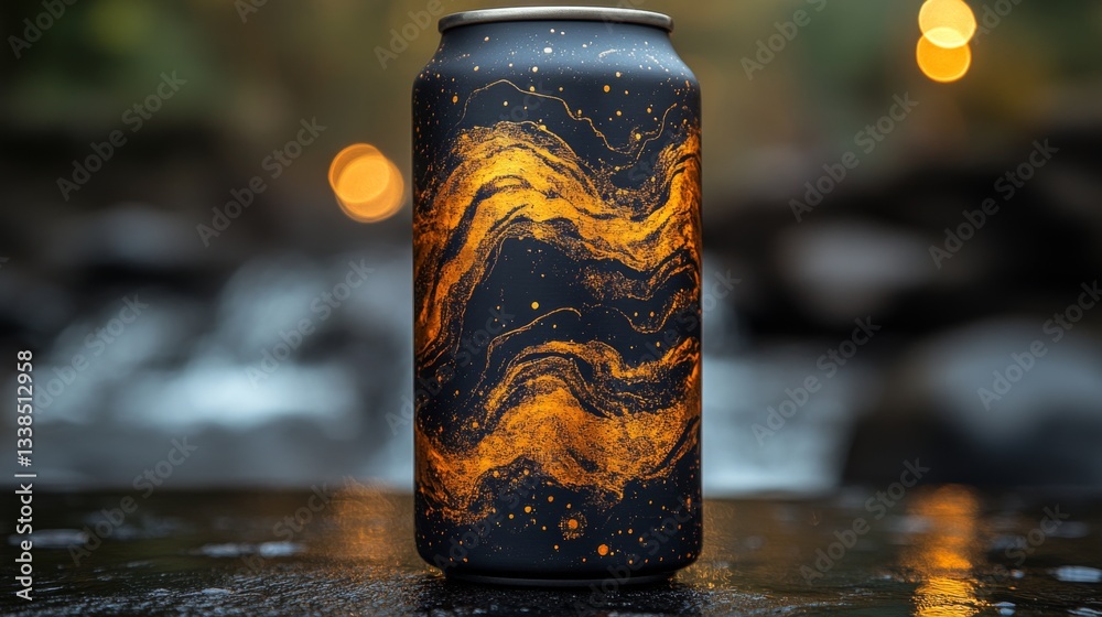 Poster a stylish black can featuring an intricate golden swirl design stands prominently on a damp surface 
