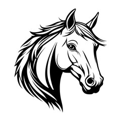 A stylish black and white vector illustration of a horse head, featuring bold lines and dynamic details. Ideal for logos, tattoos, equestrian themes, branding, and artistic designs.