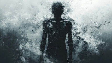 Obraz premium Shadowy figure embodies inner turmoil and conflict surrounding borderline personality disorder during a moment of introspection
