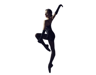 ballerina in total black style in a dress and tights poses silhouetted elements of ballet, isolated on transparent background, png