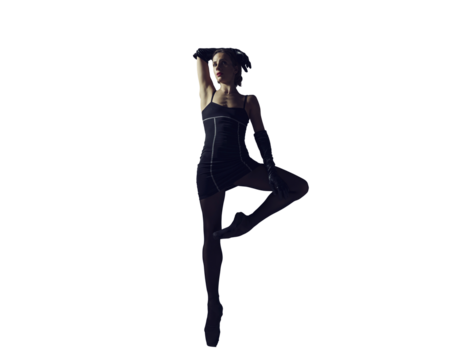 ballerina in total black style in a dress and tights poses silhouetted elements of ballet, isolated on transparent background, png