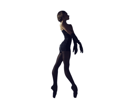 ballerina in total black style in a dress and tights poses silhouetted elements of ballet, isolated on transparent background, png
