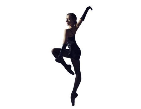 ballerina in total black style in a dress and tights poses silhouetted elements of ballet, isolated on transparent background, png