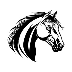 A stylish black and white vector illustration of a horse head, featuring bold lines and dynamic details. Ideal for logos, tattoos, equestrian themes, branding, and artistic designs.
