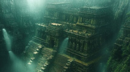 Ancient temple ruins stand amid waterfalls and heavy rainfall