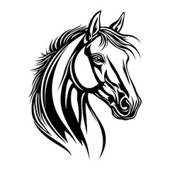 A stylish black and white vector illustration of a horse head, featuring bold lines and dynamic details. Ideal for logos, tattoos, equestrian themes, branding, and artistic designs.