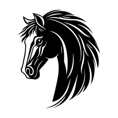 A stylish black and white vector illustration of a horse head, featuring bold lines and dynamic details. Ideal for logos, tattoos, equestrian themes, branding, and artistic designs.