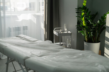 The salon table is neatly arranged with an array of beauty products including sprays, applicators, and tools used for skincare and makeup, all illuminated by natural light