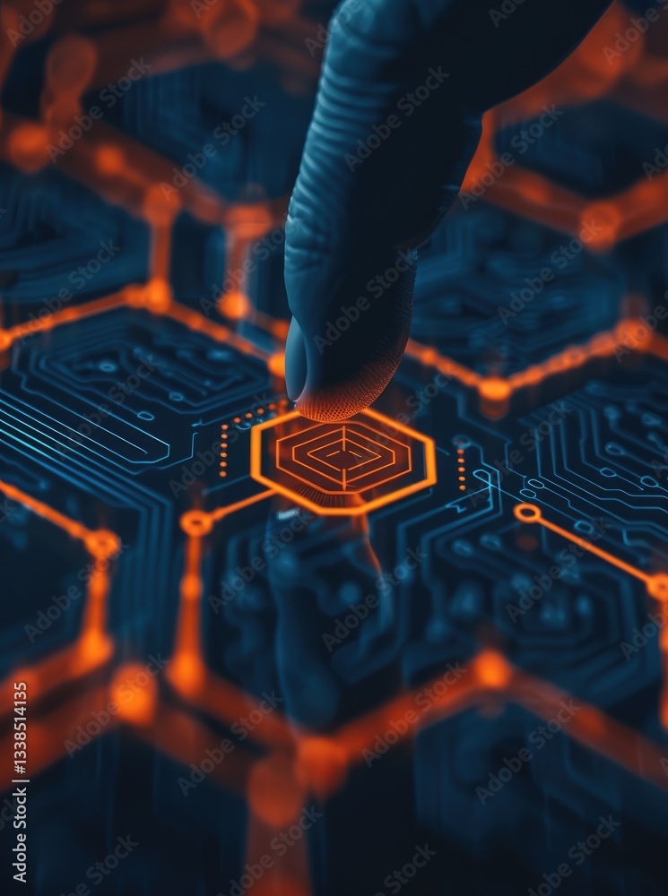 Poster fingertip interacting with futuristic hexagonal circuit board technology interface design
