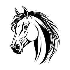 A stylish black and white vector illustration of a horse head, featuring bold lines and dynamic details. Ideal for logos, tattoos, equestrian themes, branding, and artistic designs.