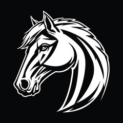 Obraz premium A stylish black and white vector illustration of a horse head, featuring bold lines and dynamic details. Ideal for logos, tattoos, equestrian themes, branding, and artistic designs.