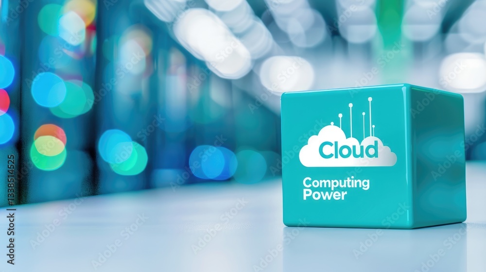 Poster teal cube displays cloud computing power symbol on a defocused tech background
