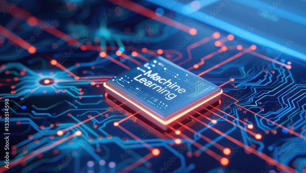 Poster advanced machine learning technology chip close up circuit board digital data processing