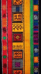 Colorful geometric pattern on traditional textile fabric with embroidered designs