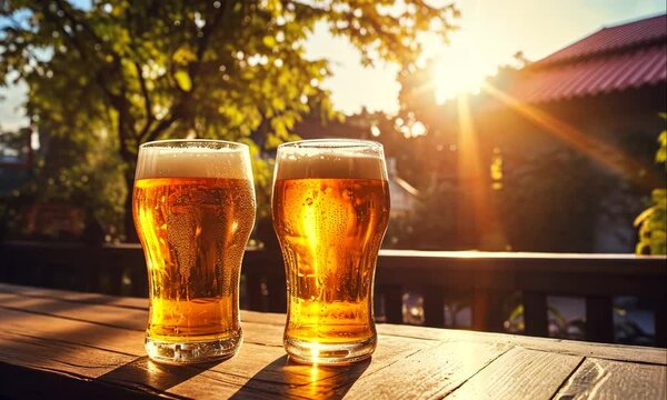 cold beer in a beer garden in summer animation