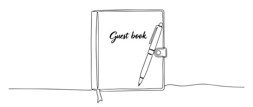 wedding guest book with pen in elegant black monoline continuous line drawing
