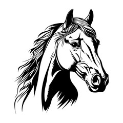 A stylish black and white vector illustration of a horse head, featuring bold lines and dynamic details. Ideal for logos, tattoos, equestrian themes, branding, and artistic designs.
