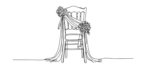 wedding chair with ribbon and flowers unbroken contour line composition emphasizing clarity, balance, and artistic precision