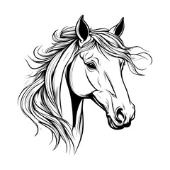 A stylish black and white vector illustration of a horse head, featuring bold lines and dynamic details. Ideal for logos, tattoos, equestrian themes, branding, and artistic designs.