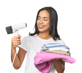 Positive Latina using a steam iron on clothes