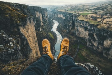 Travelers Feet Dangling Over a High Cliff Edge A unique perspective