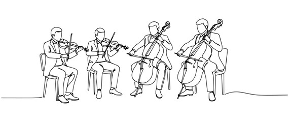group of musicians with string instruments stylized line-based composition