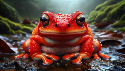 A vibrant red frog perched on a mossy surface, showcasing its unique colors and texture in a serene, nature-filled environment.
