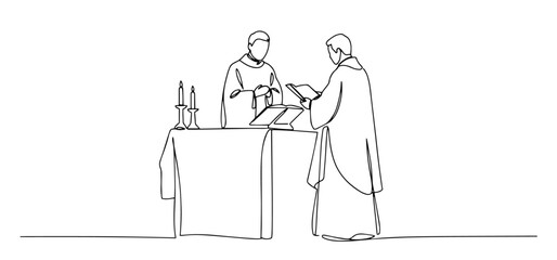 priest at altar during holy mass drawn in sacred minimalist monoline black lineart