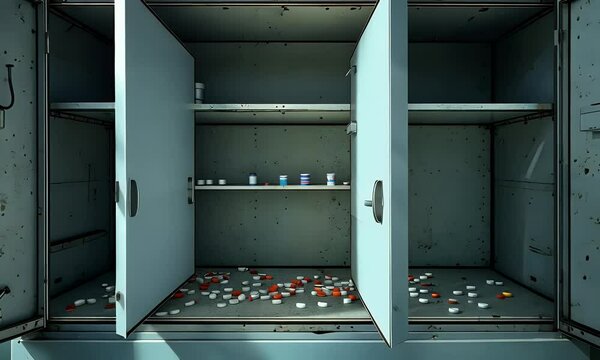 Scattered Pills In A Worn Teal Medical Cabinet Interior Case Study With Open Doors And Scattered Items On Shelves Displaying Interior Medical Cabinet Elements And Medical Equipment Showing Signs Of