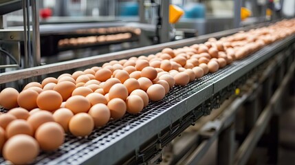 A massive egg production line with conveyor belts moving fresh eggs