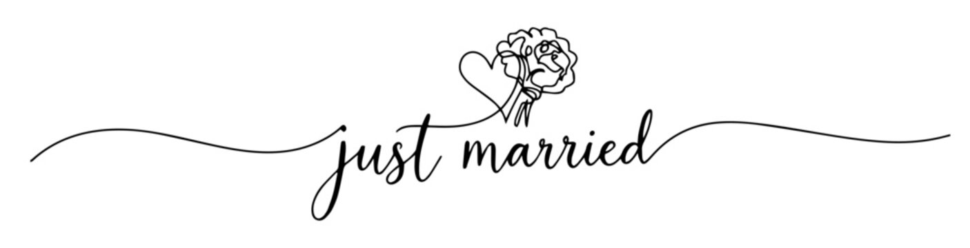Naklejki just married wedding text with bouquet and heart in romantic line art