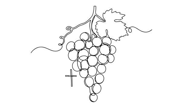 grapevine cluster with leaf and christian cross in symbolic line art