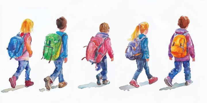 Walk to School Week UK Watercolor painting of children with backpacks walking away in a line - Powered by Adobe